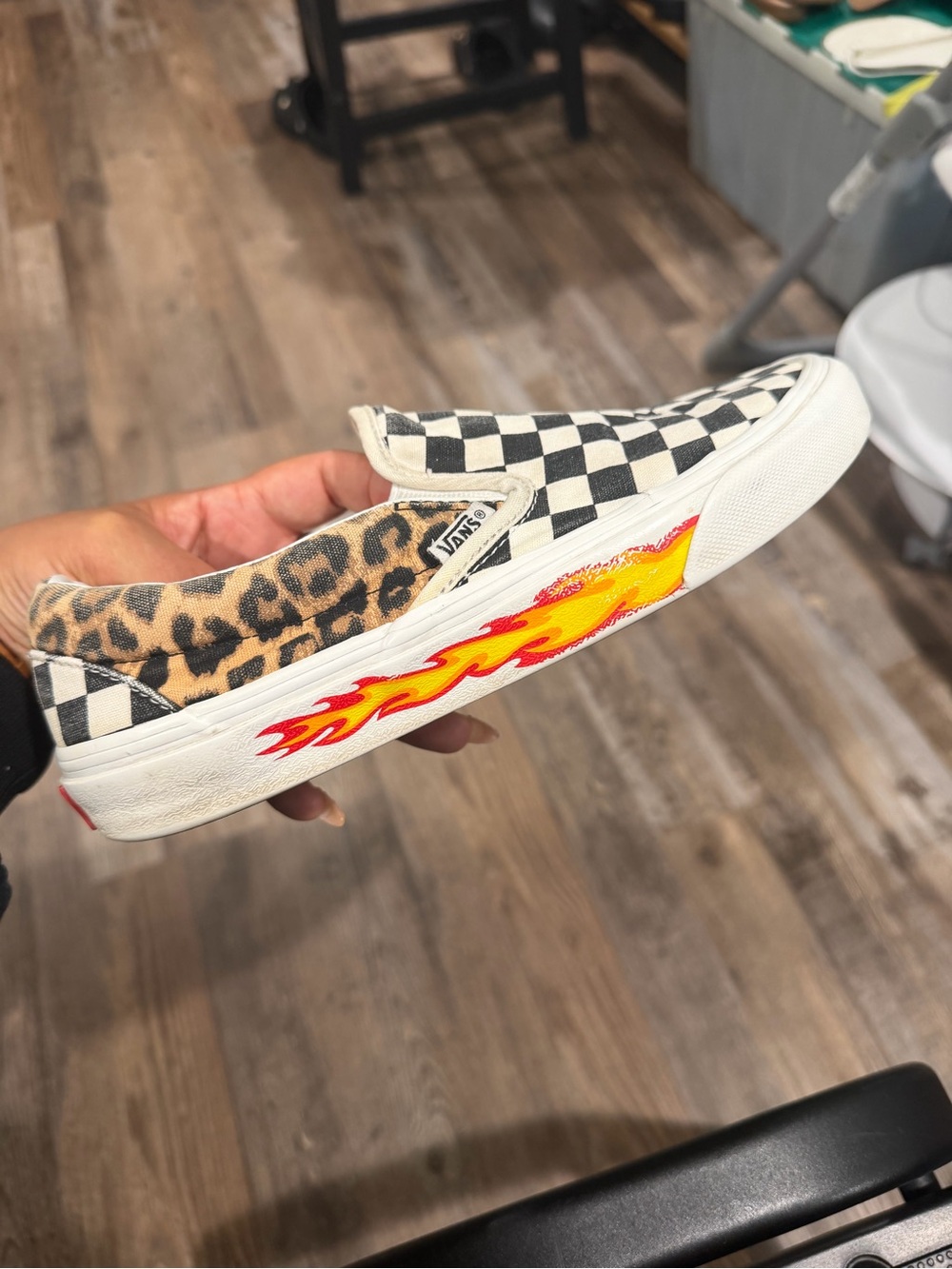 Vans Customs Checkerboard Leopard Flame Slip-On Sneakers | Women’s Size 8